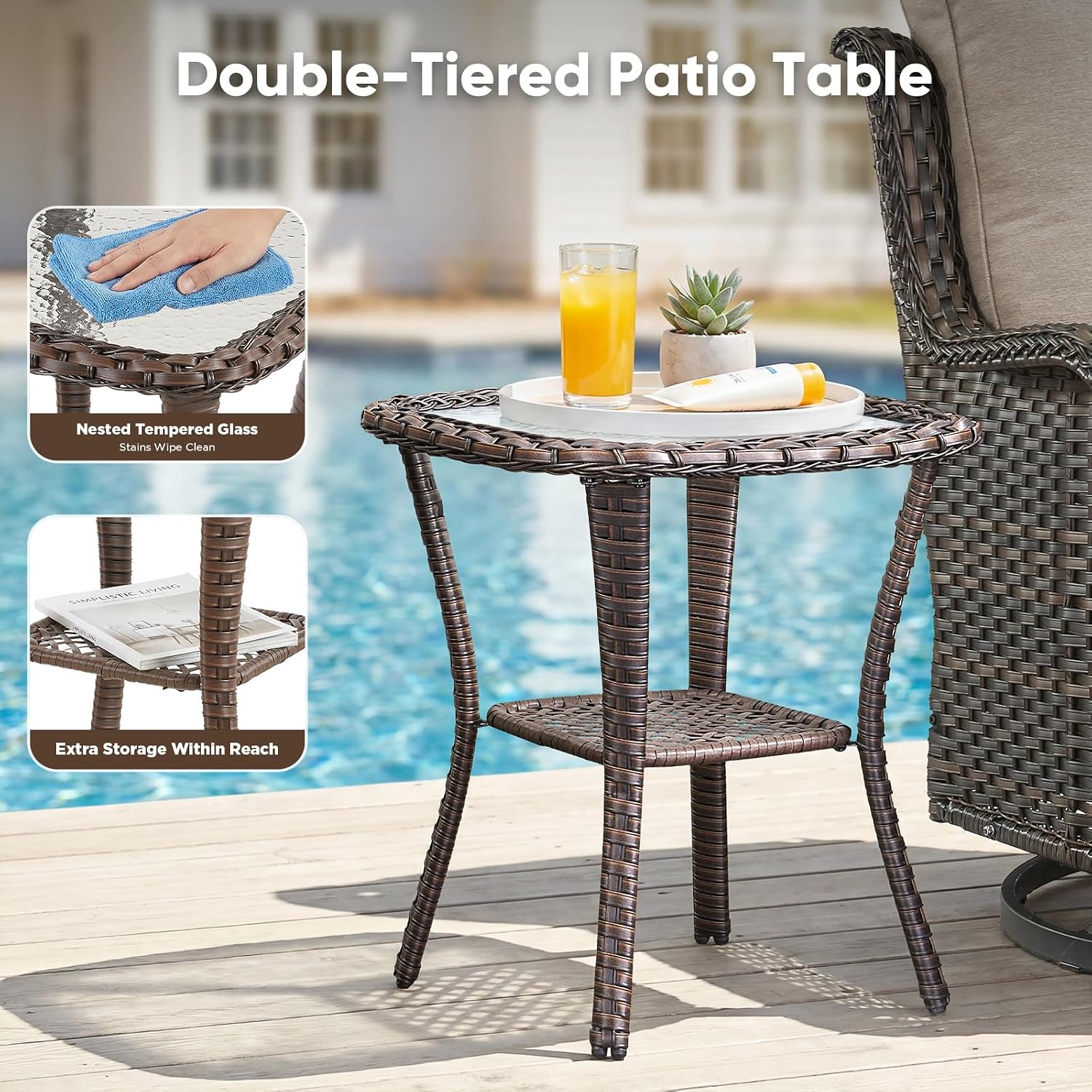 Belord Patio Wicker Chairs Swivel Rocker,Outdoor Patio Furniture Set with Rattan Side Table, All Weather Conversation Set for Porch Poolside Balcony, Brown Wicker/Gray