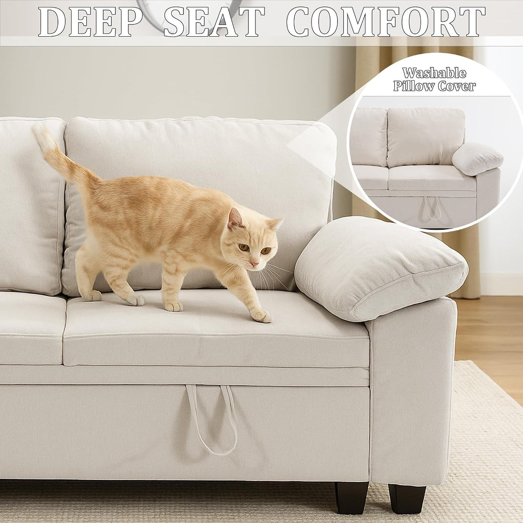 86 Inch Sectional Sleeper L Shaped Sofa with Pull Out Bed, Modular Sectional Sofa with Storage, Modern Chenille Cloud Couch, Sectional Couches for Living Room, Beige