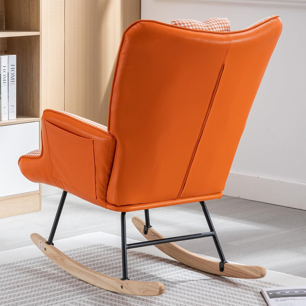 35.5' Nursery Rocking Chair Cotton Linen Upholstered Glider Chair with High Backrest Armchair for Living Room Bedroom Orange