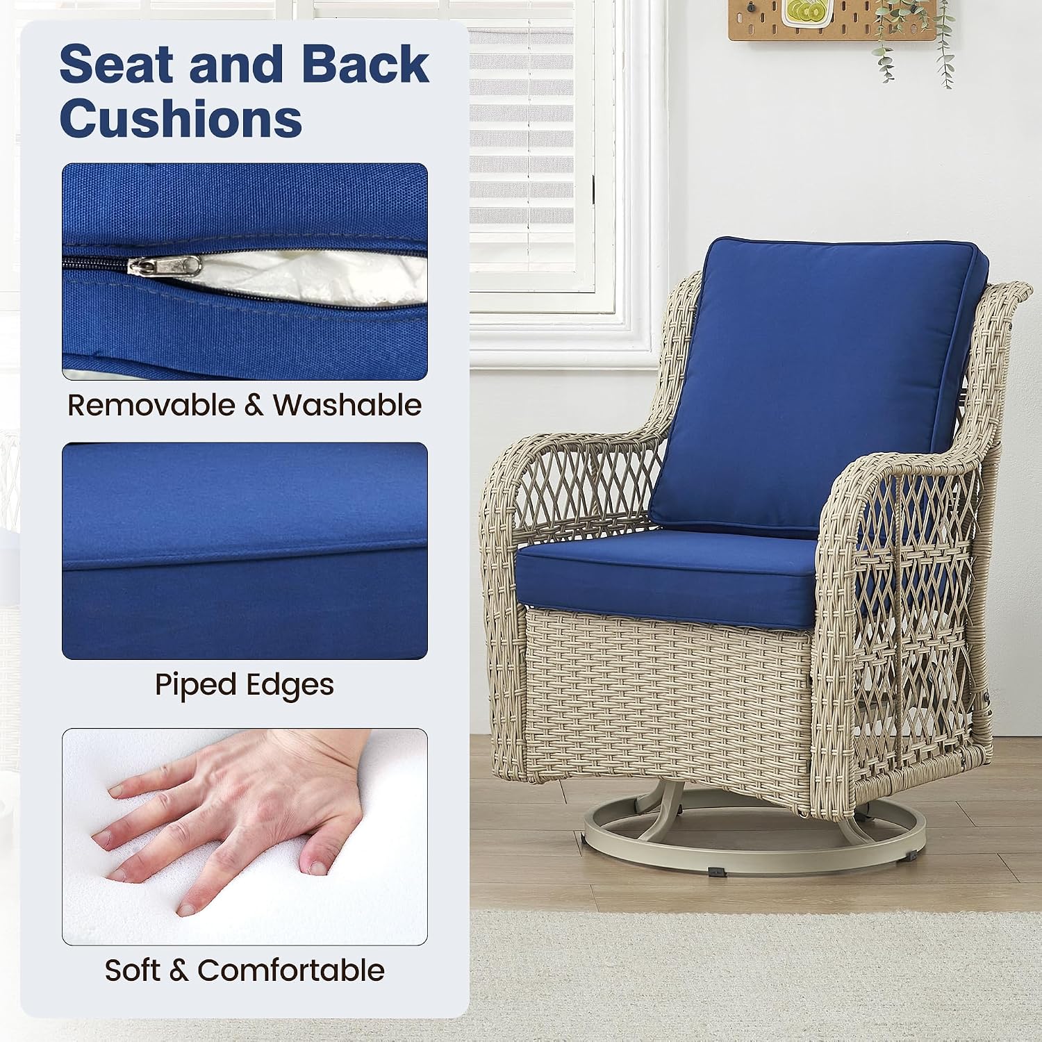 IDEALHOUSE 3 Piece Patio Furniture Sets Wicker Swivel Patio Chairs, Swivel Rocking Chairs Set of 2 with Rattan Side Table, 360-Degree Swivel Rocking Chair for Patio Porch Pool (Light Beige), Onesize