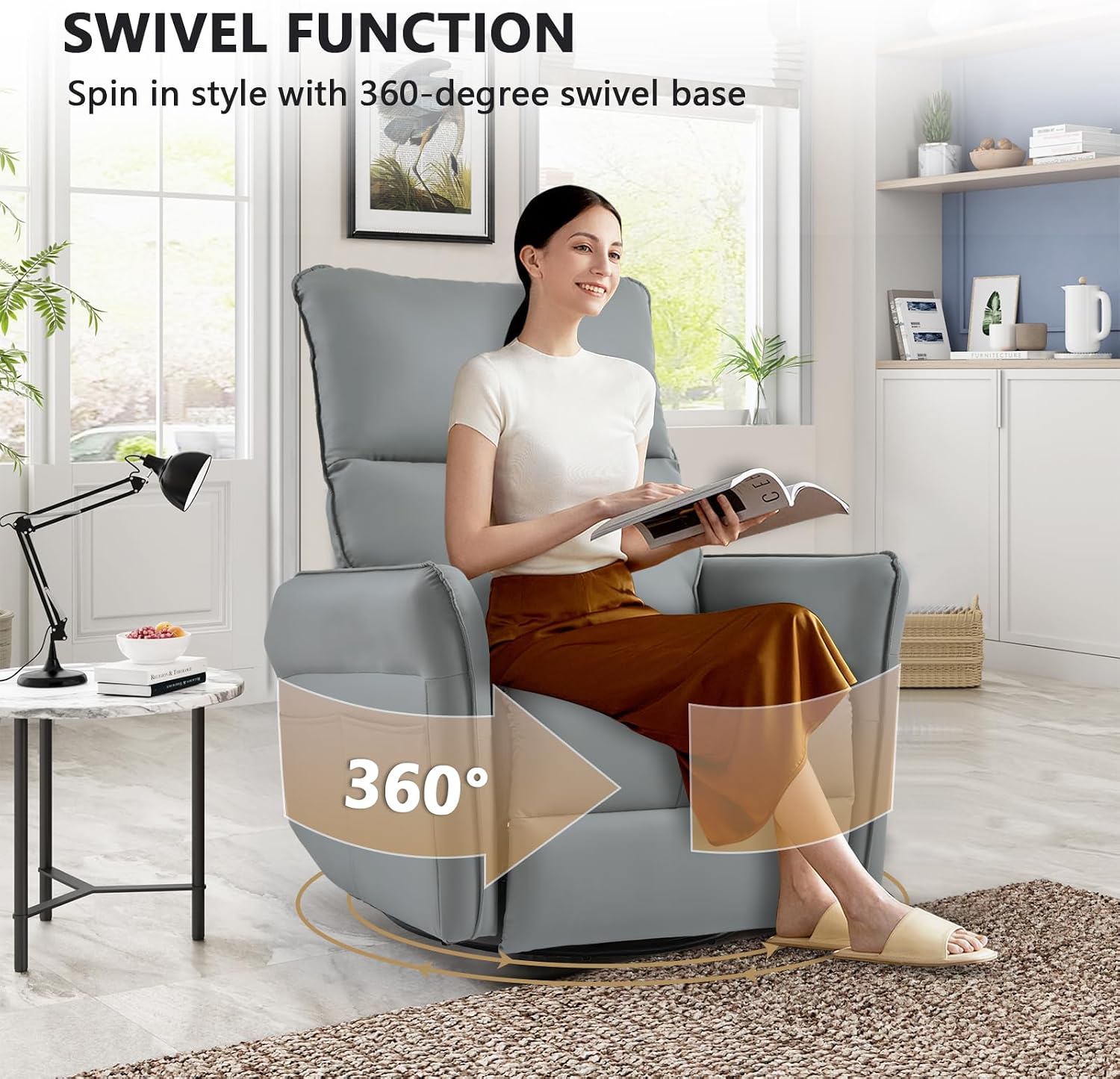 cinkehome Swivel Rocker Recliner, Glider Rocker Recliner Chair for Nursery, Overstuffed Manual Reclining Chair for Small Spaces, Living Room