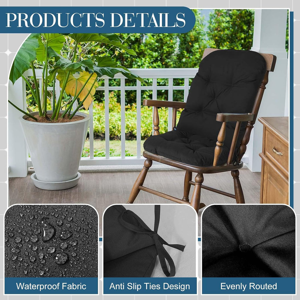 Drydiet 4 Set Outdoor High Back Chair Cushions 47 x 20 Inch Rocking Chair Cushions Waterproof Fade Resistant Comfort Replacement Seat Pads with Ties for Patio Lawn Yard Porch Home Office(Black)