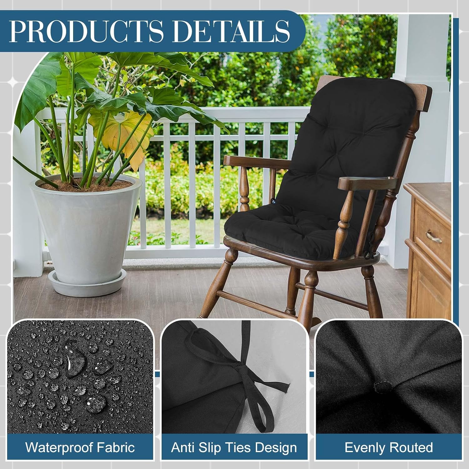 Drydiet 4 Set Outdoor High Back Chair Cushions 47 x 20 Inch Rocking Chair Cushions Waterproof Fade Resistant Comfort Replacement Seat Pads with Ties for Patio Lawn Yard Porch Home Office(Black)