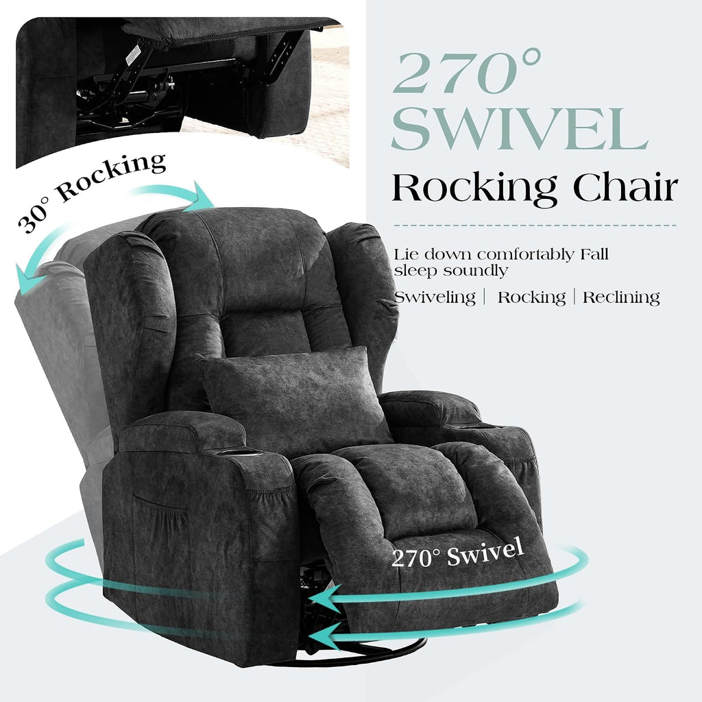 TUNYI Power Recliner Chair - Velvet Home Theater Seating Glider Reclining Sofa with Massage & Heat Swivel Rocker Recliner Chair for Living Room with LED Light/USB Port/Lumbar Pillow (VelGrey)