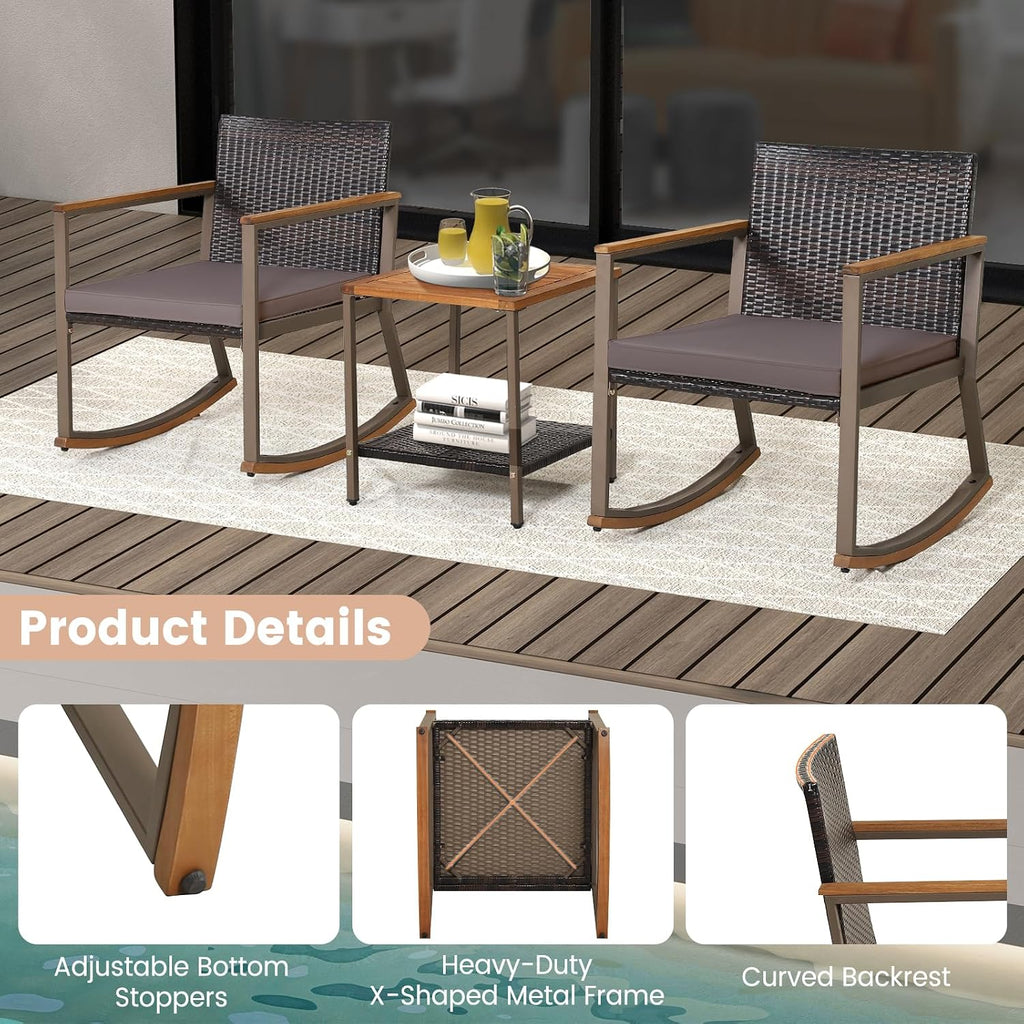 Outdoor Rocking Chair Set, 3 Pieces Patio Set Rocking Chair with Coffee Table & Cushions, Patio Wicker Furniture Set Outdoor Bistro Set for Balcony, Porch & Backyard (Gray)