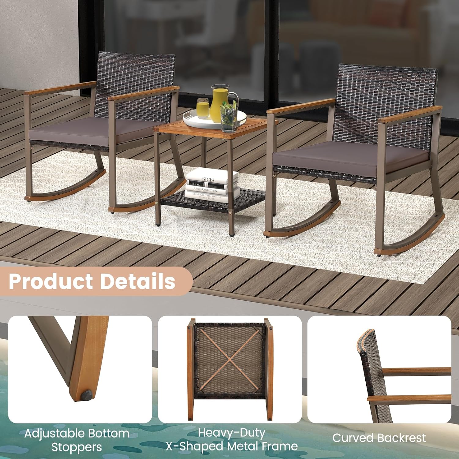 Outdoor Rocking Chair Set, 3 Pieces Patio Set Rocking Chair with Coffee Table & Cushions, Patio Wicker Furniture Set Outdoor Bistro Set for Balcony, Porch & Backyard (Gray)