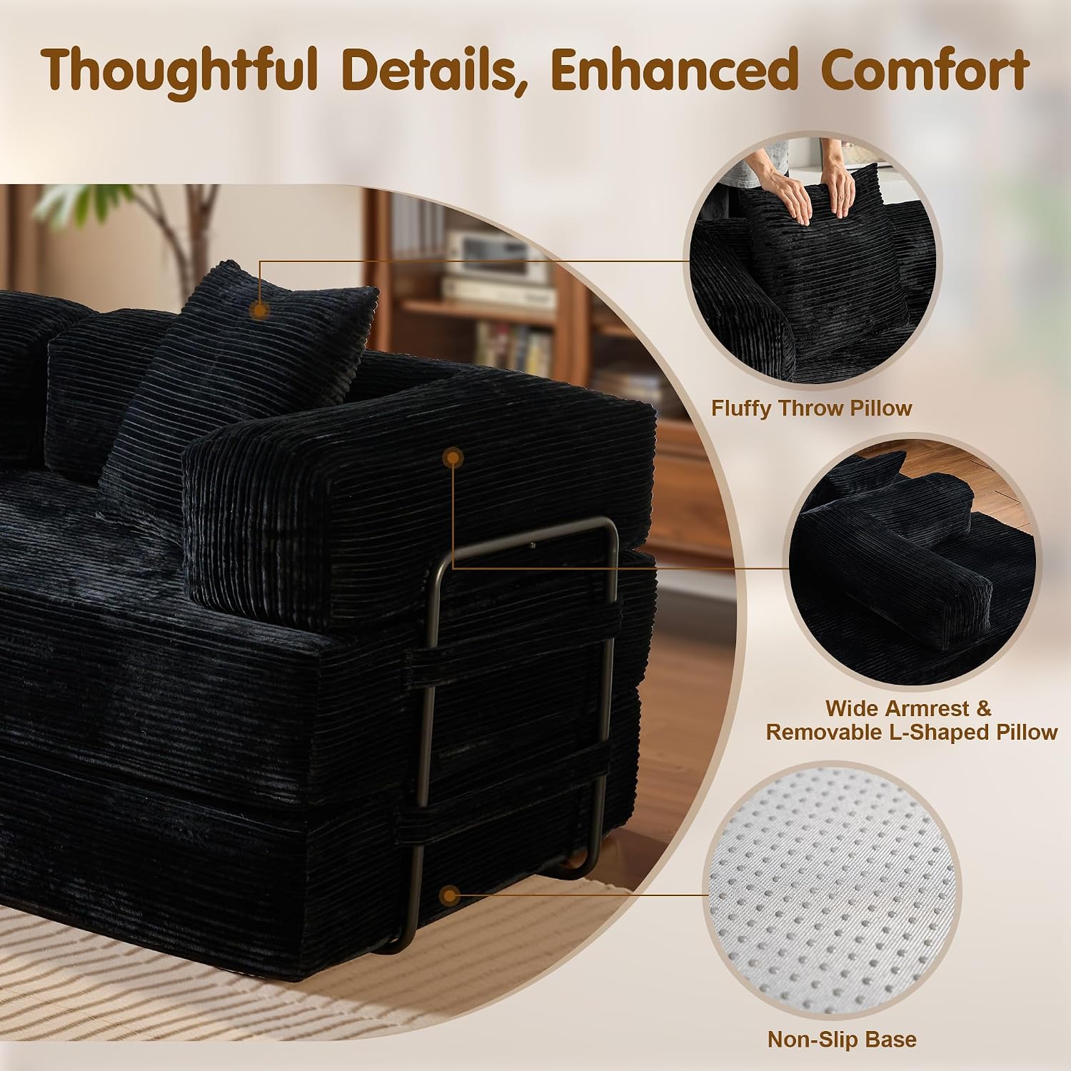 81″ Convertible Sleeper Sofa Bed with Pillows, Corduroy Foldable Mattress Couch with Fixed-Shape Frame, Futon Sofa Bed, Boneless Couch for Living Room Bedroom Lounge Studio, Black