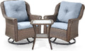 3 Piece Patio Swivel Chairs and Side Table Set - High Back Outdoor Brown Wicker Rattan Rocking Glider with Thick Cushions for Porch Apartment Deck Yard Poolside Garden - Baby Blue