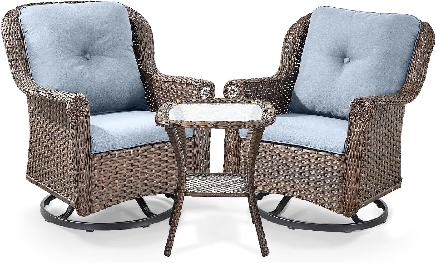 3 Piece Patio Swivel Chairs and Side Table Set - High Back Outdoor Brown Wicker Rattan Rocking Glider with Thick Cushions for Porch Apartment Deck Yard Poolside Garden - Baby Blue