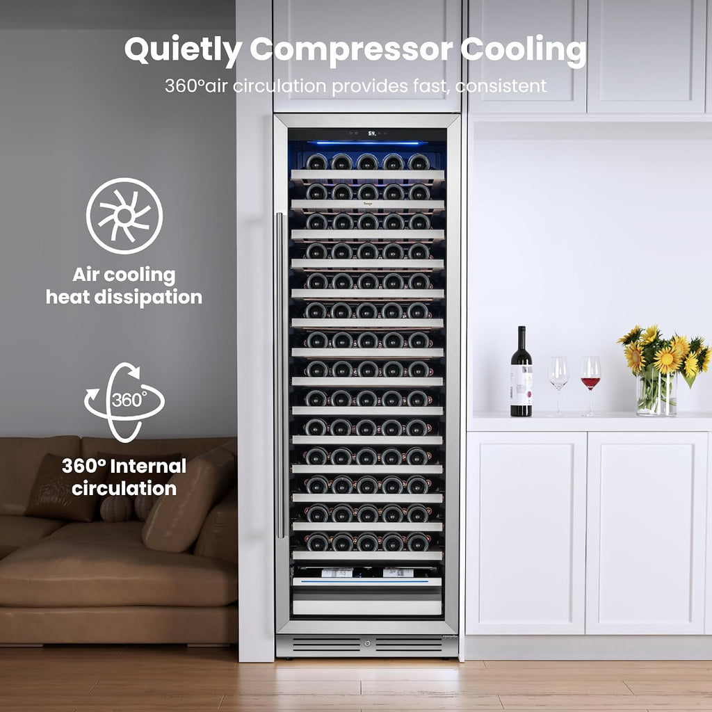 Yeego 24 Inch Wine Cooler Fridge – Wine Refrigerator 40°F-65°F, 304 Stainless Steel Glass Door Lock, Temperature Memory Blue & White LED Built-in Fridge with Adjustable Shelves (165 Bottle)