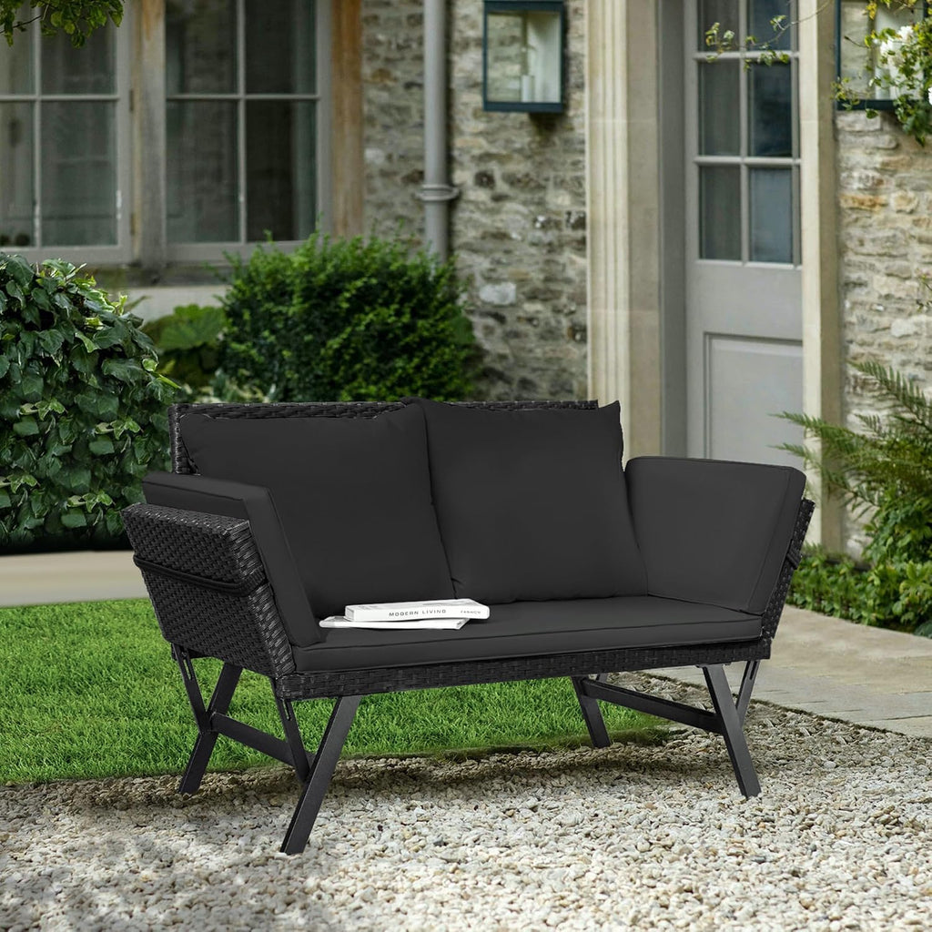 Greesum Outdoor Sofa, Woven Rattan Patio Furniture, Convertible Daybed or Double Chair with Adjustable Armrests, Cushions and Pillows for Yard, Porch, Pool, Black Lounger & Black Pillowcase