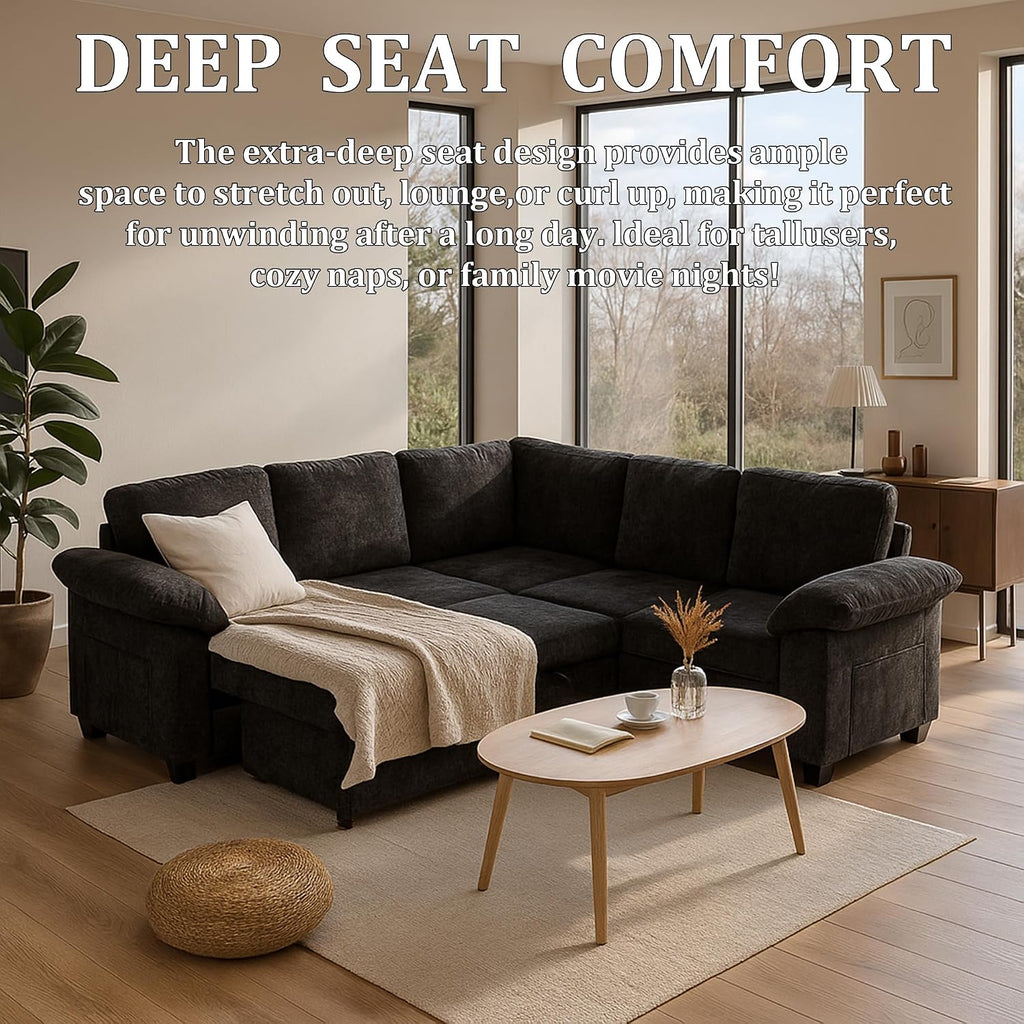 86 Inch Sectional Sleeper L Shaped Sofa with Pull Out Bed, Modular Sectional Sofa with Storage, Modern Chenille Cloud Couch, Sectional Couches for Living Room, Black