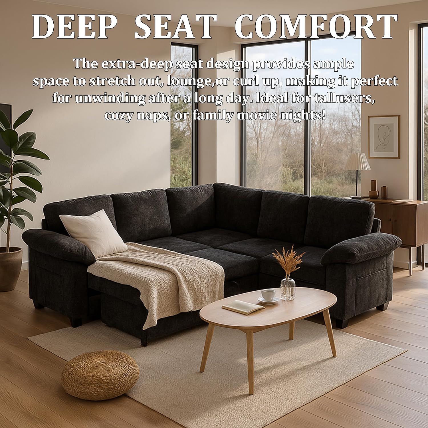 86 Inch Sectional Sleeper L Shaped Sofa with Pull Out Bed, Modular Sectional Sofa with Storage, Modern Chenille Cloud Couch, Sectional Couches for Living Room, Black