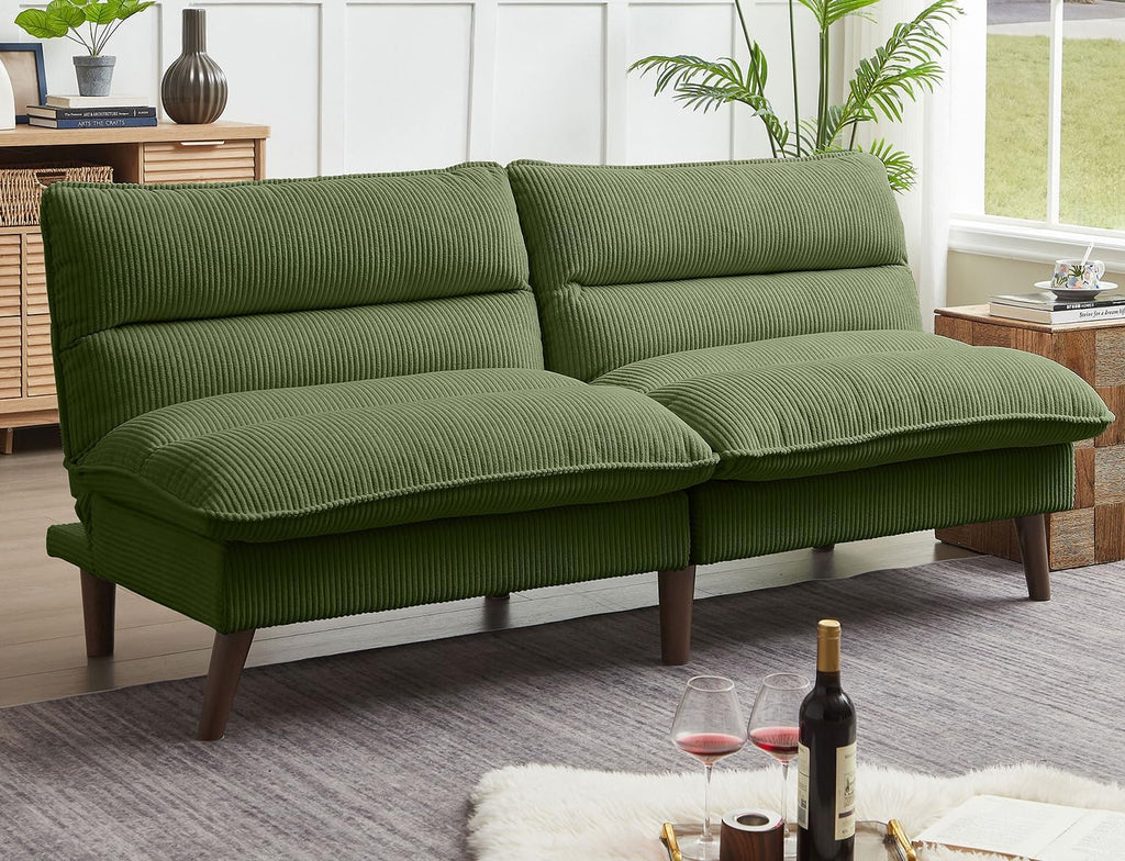 72' Futon Sofa Bed, Futon Couch with Adjustable Backrest, Recliner Small Loveseat for Living Room, Office, Apartment, Corduroy Loveseat, Green