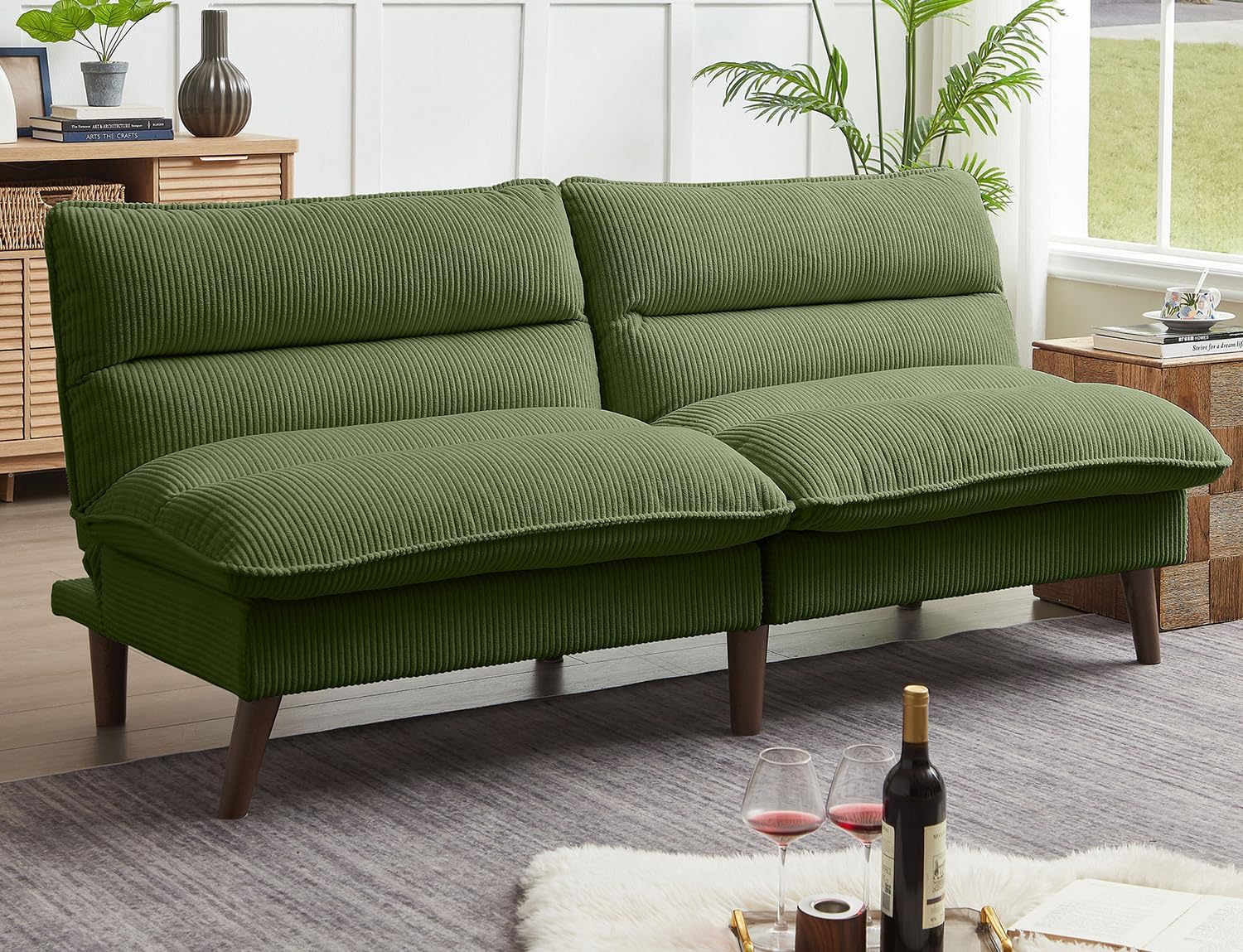 72' Futon Sofa Bed, Futon Couch with Adjustable Backrest, Recliner Small Loveseat for Living Room, Office, Apartment, Corduroy Loveseat, Green