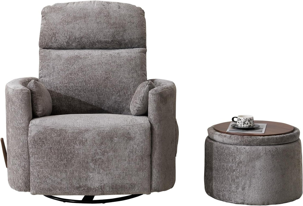 Oversized Swivel Rocker Recliner Chair with Massage and Heat, Manual Swivel Glider Rocker Recliner with 2 Bolster Pillows, Rocking Nursery Chair with Storage Ottoman , Adjustable Headrest, Dark Grey