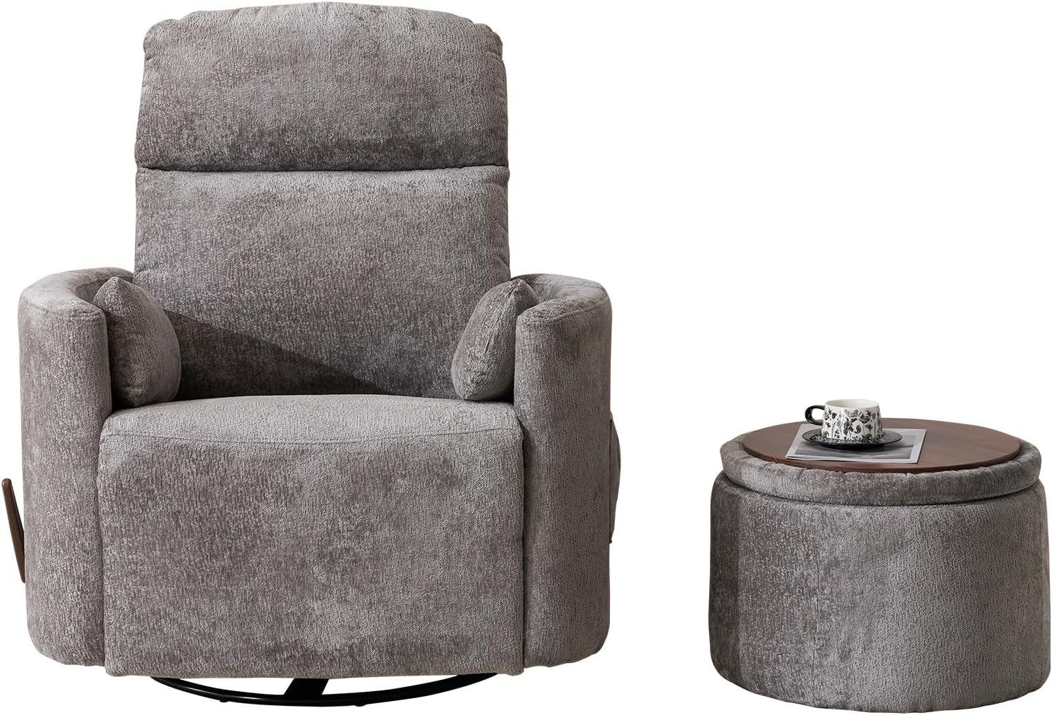 Oversized Swivel Rocker Recliner Chair with Massage and Heat, Manual Swivel Glider Rocker Recliner with 2 Bolster Pillows, Rocking Nursery Chair with Storage Ottoman , Adjustable Headrest, Dark Grey