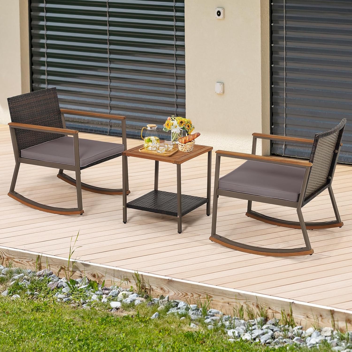 Outdoor Rocking Chair Set, 3 Pieces Patio Set Rocking Chair with Coffee Table & Cushions, Patio Wicker Furniture Set Outdoor Bistro Set for Balcony, Porch & Backyard (Gray)