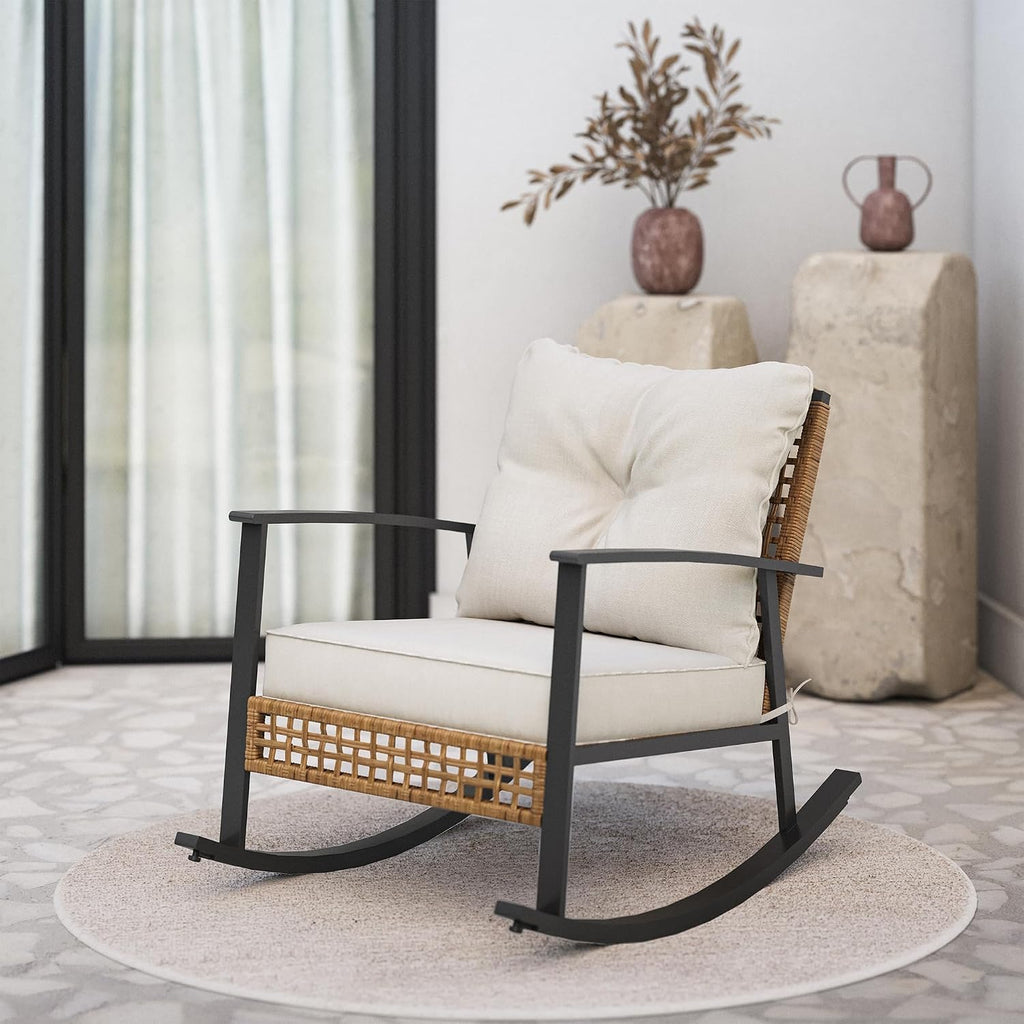 LAUSAINT HOME Outdoor Wicker Rocking Chair, Oversized Patio Chair Comfy Rocker Chair with Thick Cushion, Modern Cozy Lounge Chair for Living Room,Bedroom,Garden(Beige)