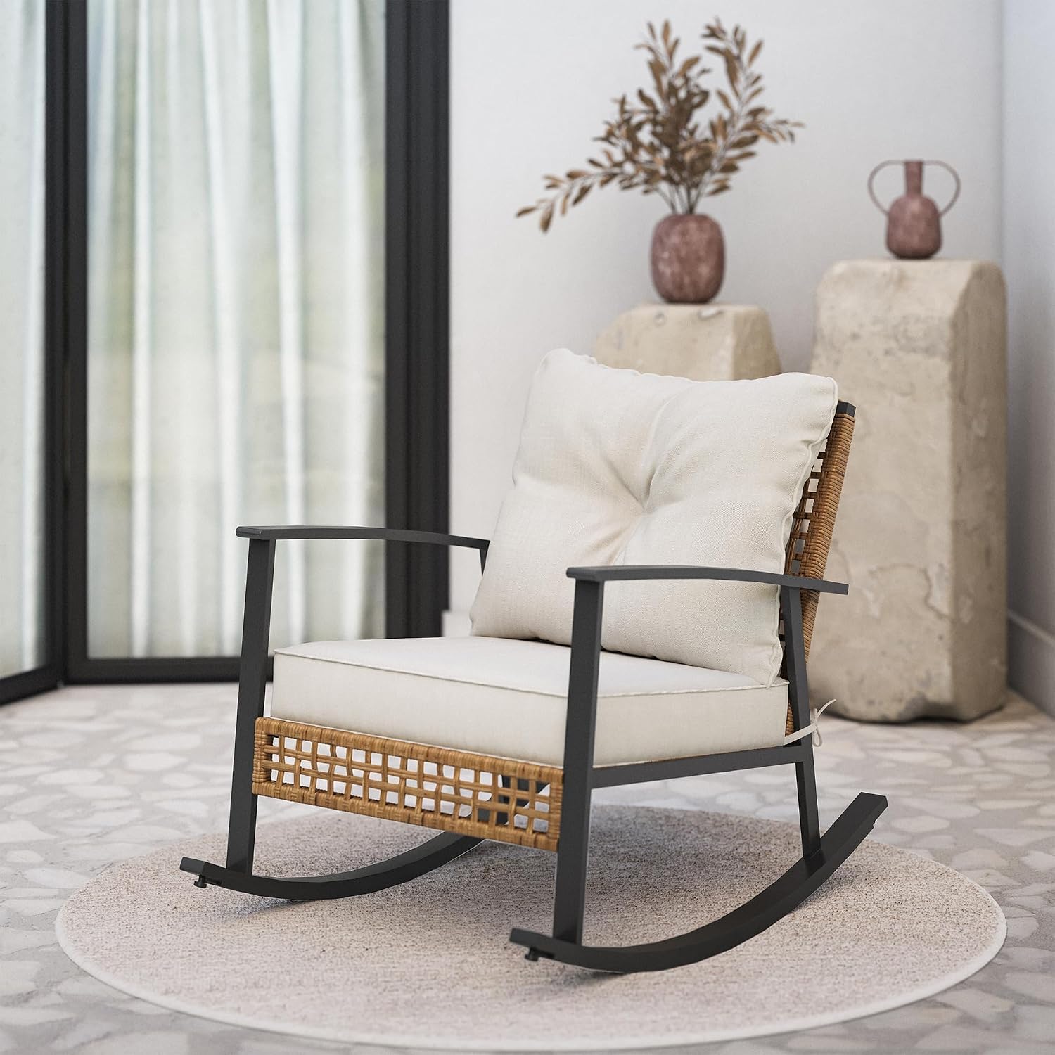 LAUSAINT HOME Outdoor Wicker Rocking Chair, Oversized Patio Chair Comfy Rocker Chair with Thick Cushion, Modern Cozy Lounge Chair for Living Room,Bedroom,Garden(Beige)