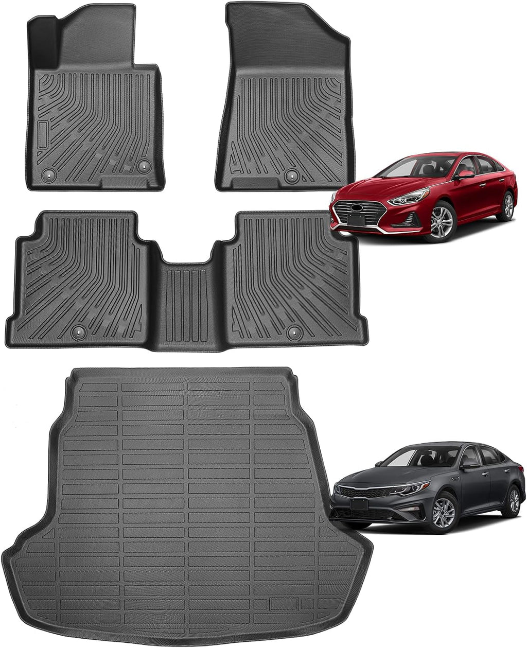 Floor Mats & Cargo Mat for Hyundai Sonata 2015-2019 & Kia Optima 2016-2019, Custom Fit All-Weather Rubber Car Liners, High Edges Anti-Slip TPE Mats for Hyundai