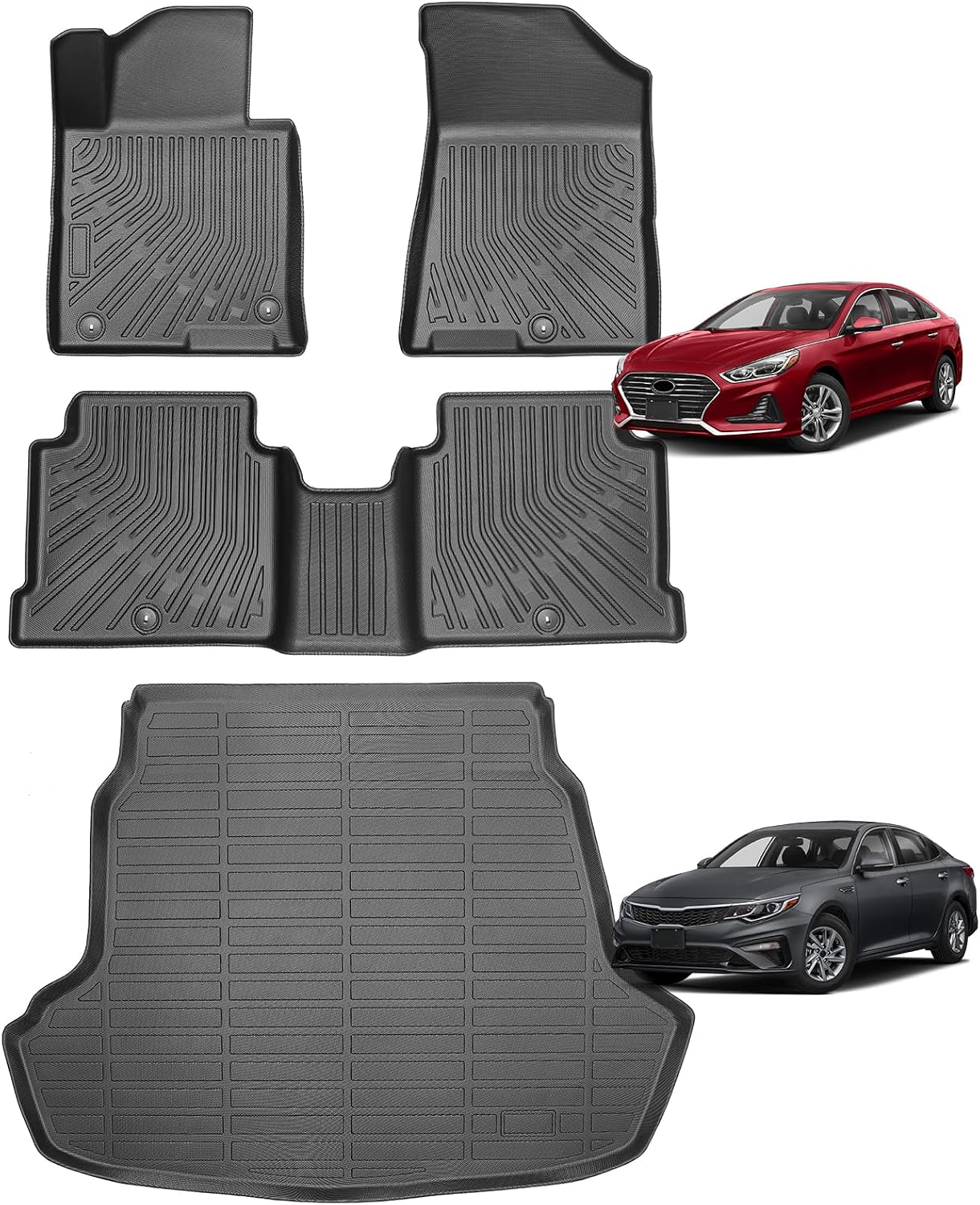Floor Mats & Cargo Mat for Hyundai Sonata 2015-2019 & Kia Optima 2016-2019, Custom Fit All-Weather Rubber Car Liners, High Edges Anti-Slip TPE Mats for Hyundai