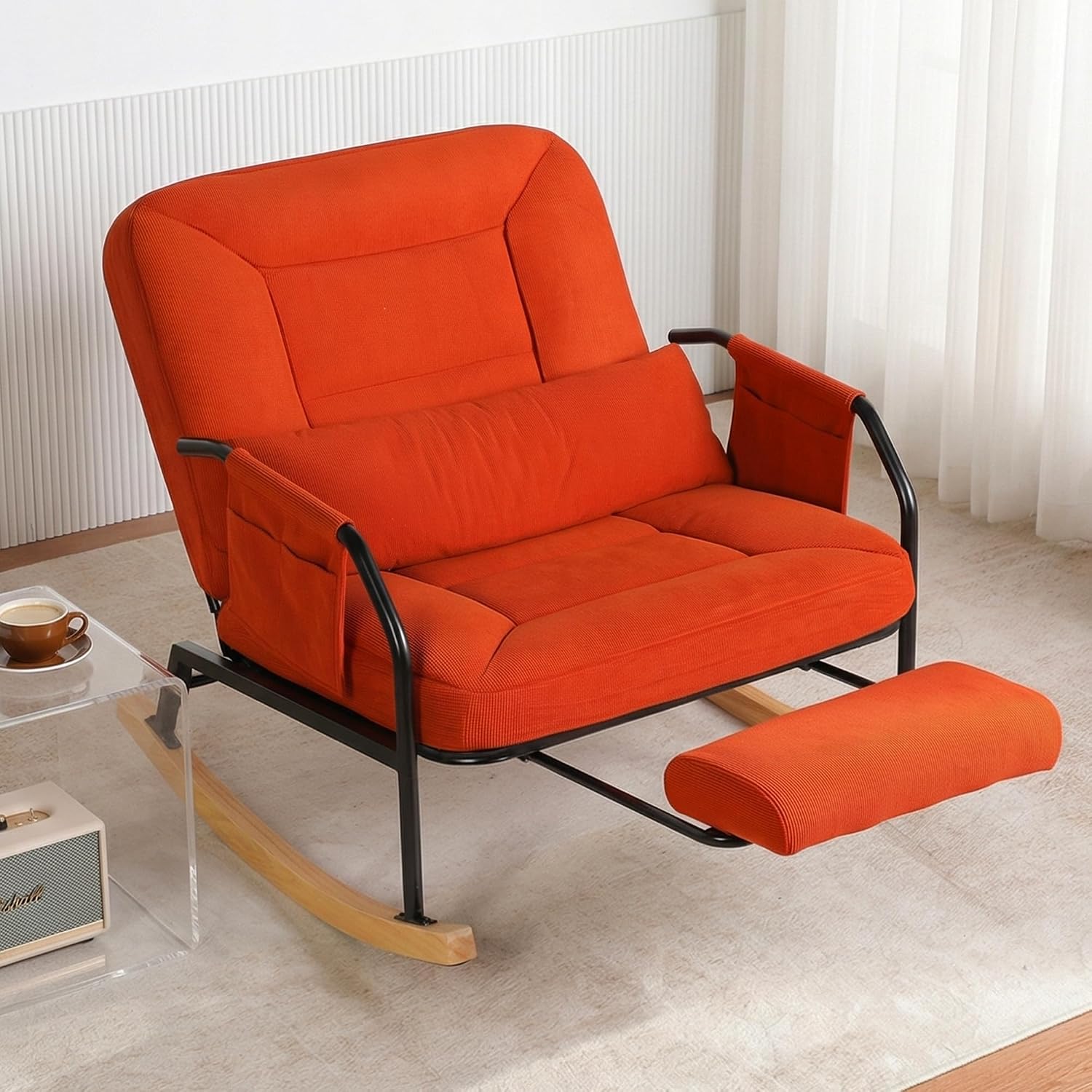 Oversized Rocking Chair, Extra-Wide Glider Patio Rocker Chairs with Foot Rest, Padded Cushion, Adjustable Backrest, Mental Wooden Farm, Indoor/Outdoor Living Room Bedroom Balcony Porch, Orange