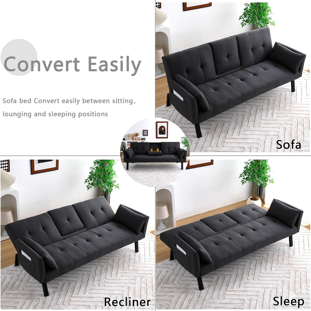 70' Futon Sofa with Cupholders,Adjustable Backrest Cotton Linen with Cup Holders and 2 Throw Pillows Sleeper Sofa for Living Room Apartment Small Space (Dark Grey)