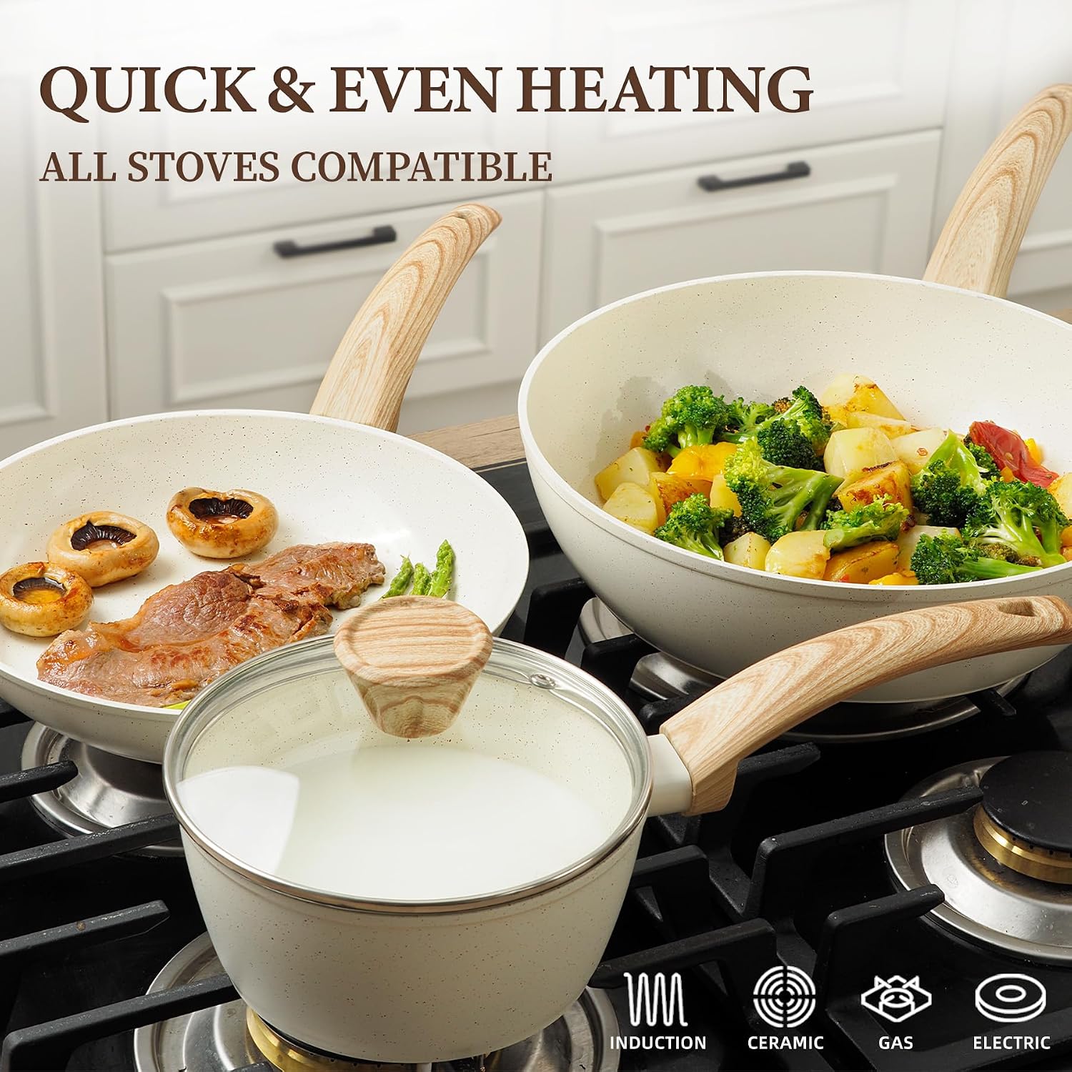 26Pcs Pots and Pans Nonstick Ceramic Cookware Set Nontoxic Kitchen Cooking Set with Steamers Utensils Induction Compatible, PFAS/PFOA Free, Oven and Dishwasher Safe, Cream White