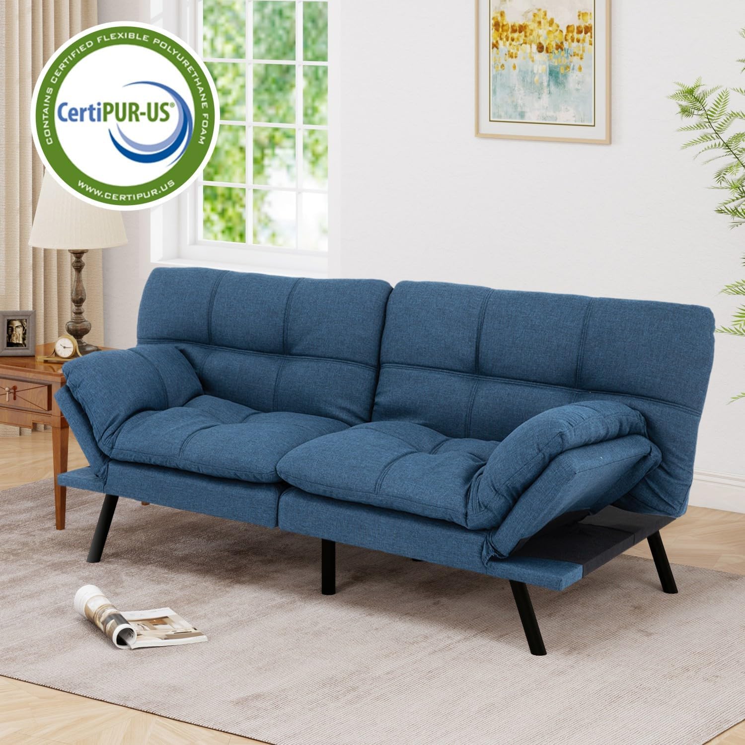MUUEGM 71' Futon Sofa Bed, Cozy Convertible Loveseat Sleeper, Linen Fabric Couch with Adjustable Back & Arms for Living Room, Guest Room - Navy