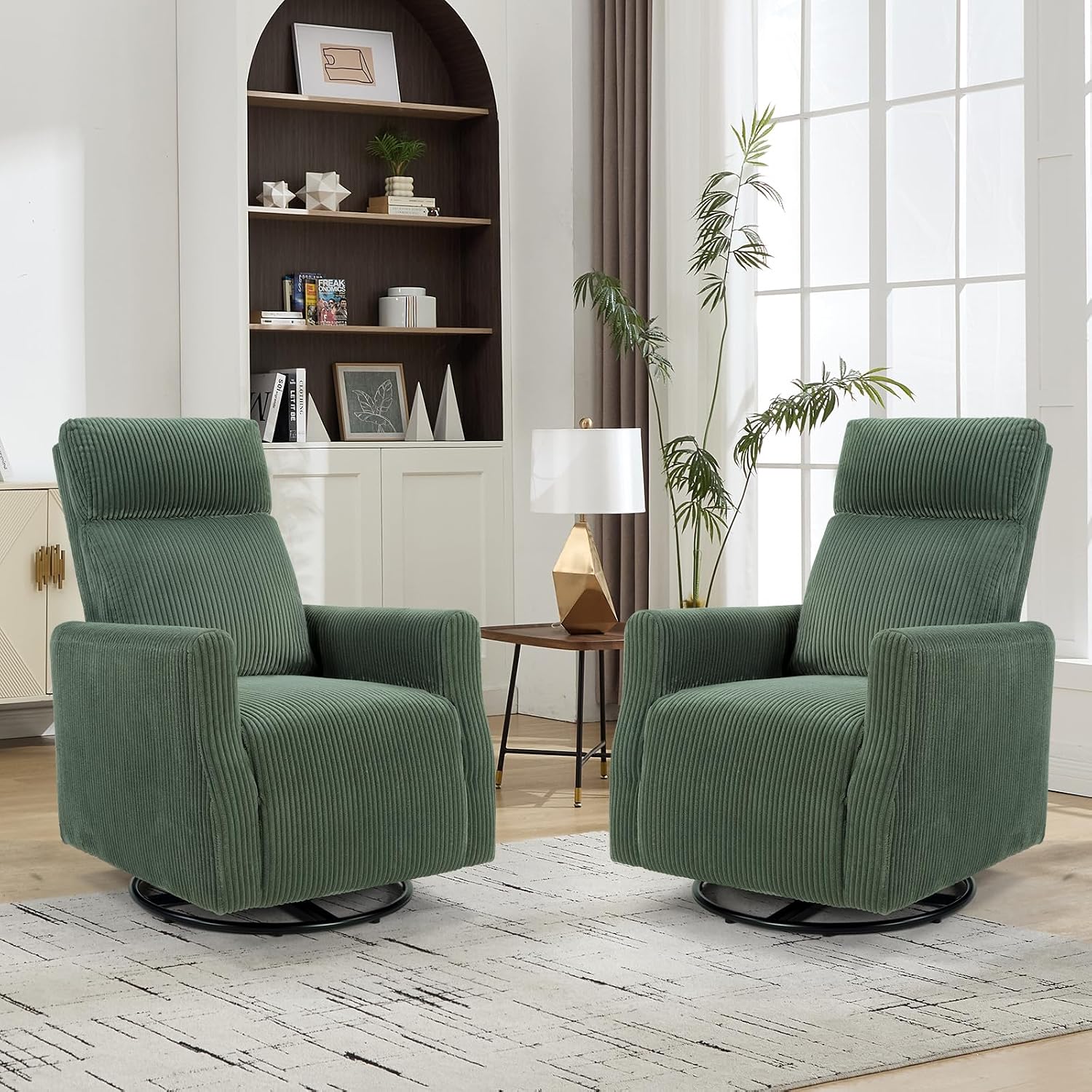 CANMOV Swivel Rocker Chair Set of 2, Swivel Accent Chair with High Back and Arms, Corduroy Glider Chair for Living Room Bedroom Nursery, Green