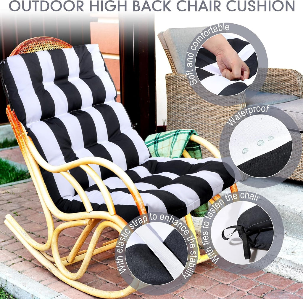 Hoteam 6 Pcs High Back Chair Cushions Set - 44'' x 21'' Indoor Outdoor Waterproof Soft Thicken Stripes Replaceable Cushion for Garden Summer Rocking Chair, Patio Furniture (Black Stripes)