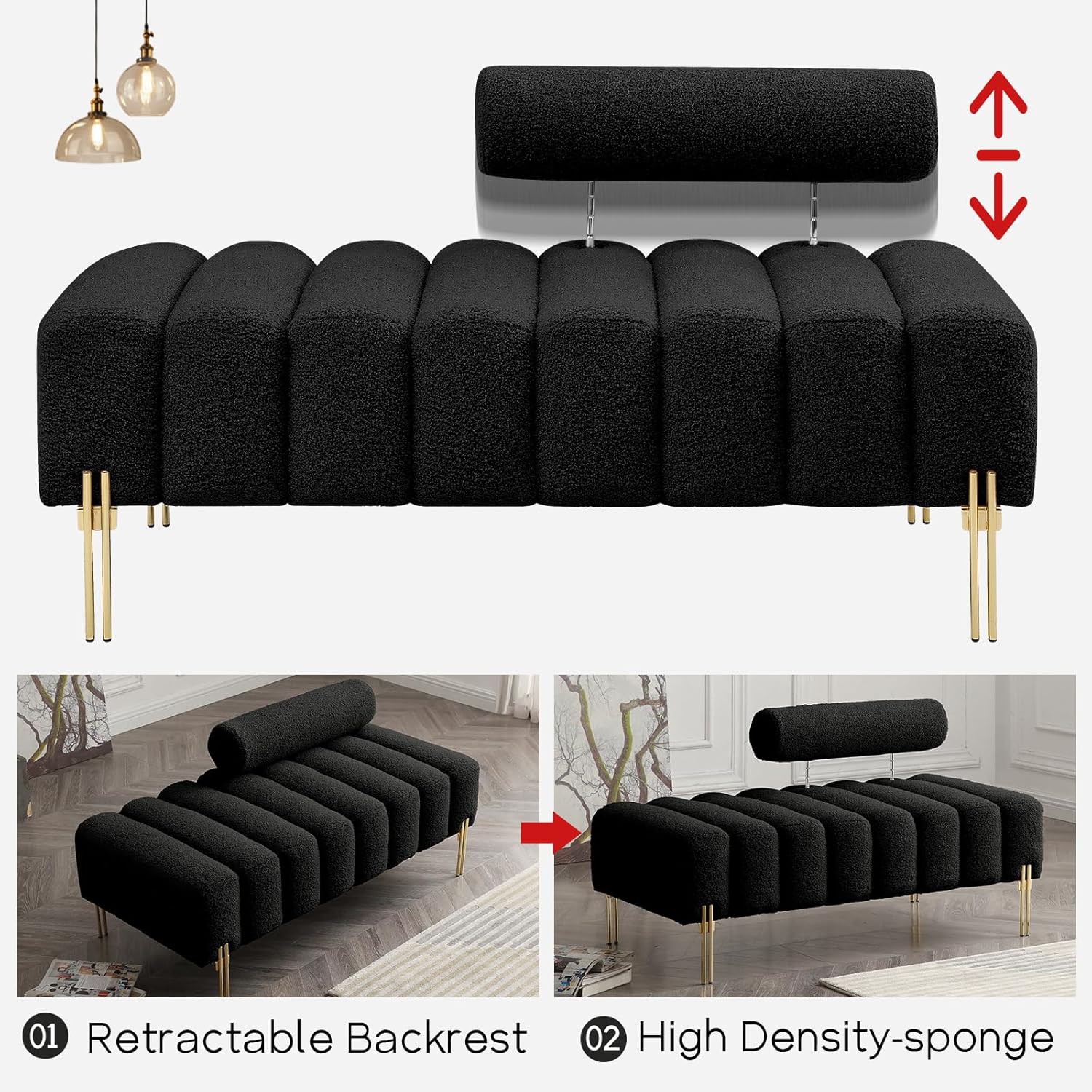 NIOIIKIT 53.2' Modern Loveseat Sofa Couch, Upholstered Accent Sofa with Golden Legs and Adjustable Backrest, Small Teddy Fleece Couches for Bedroom, Living Room, Compact Small Space (Black Teddy)