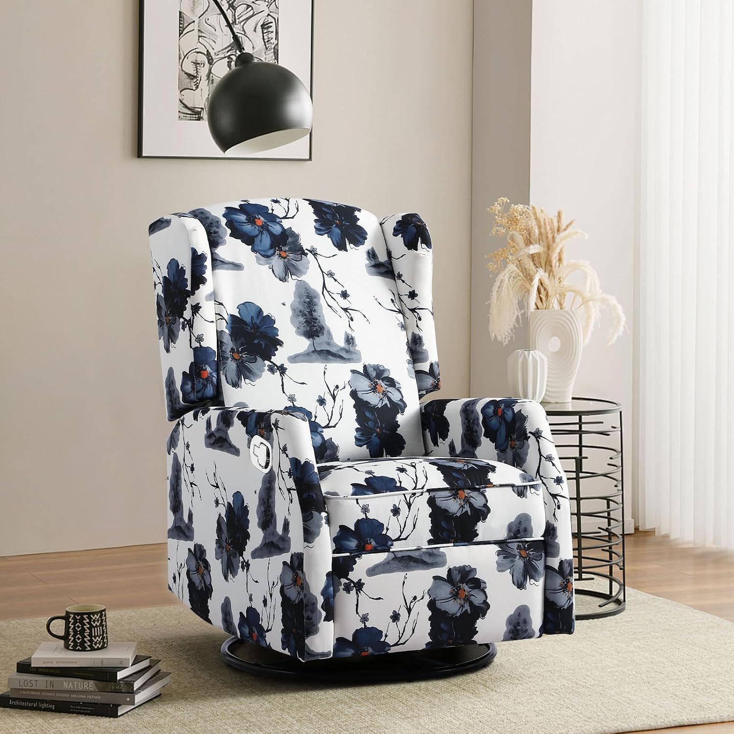 Floral Accent Swivel Rocker Recliner, Wingback Recliner Chair with Padded Seat, High Back Upholstered Armchair for Living Room, Bedroom, Home Ofiice, Blue Ink Floral (Blue Ink Swivel)