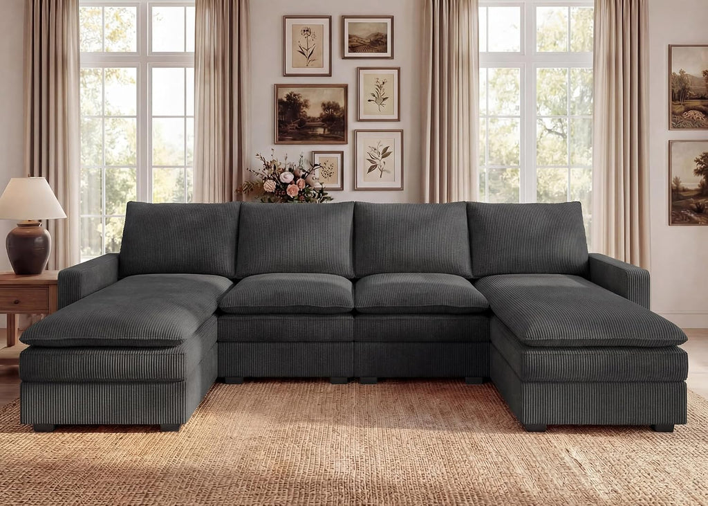 HONBAY 127.2 Inch Corduroy Cloud Modular Sectional Sofa with Chaise, Deep Seat U-Shaped Couch with Storage for Living Room, Apartment, Small Space,Dark Grey