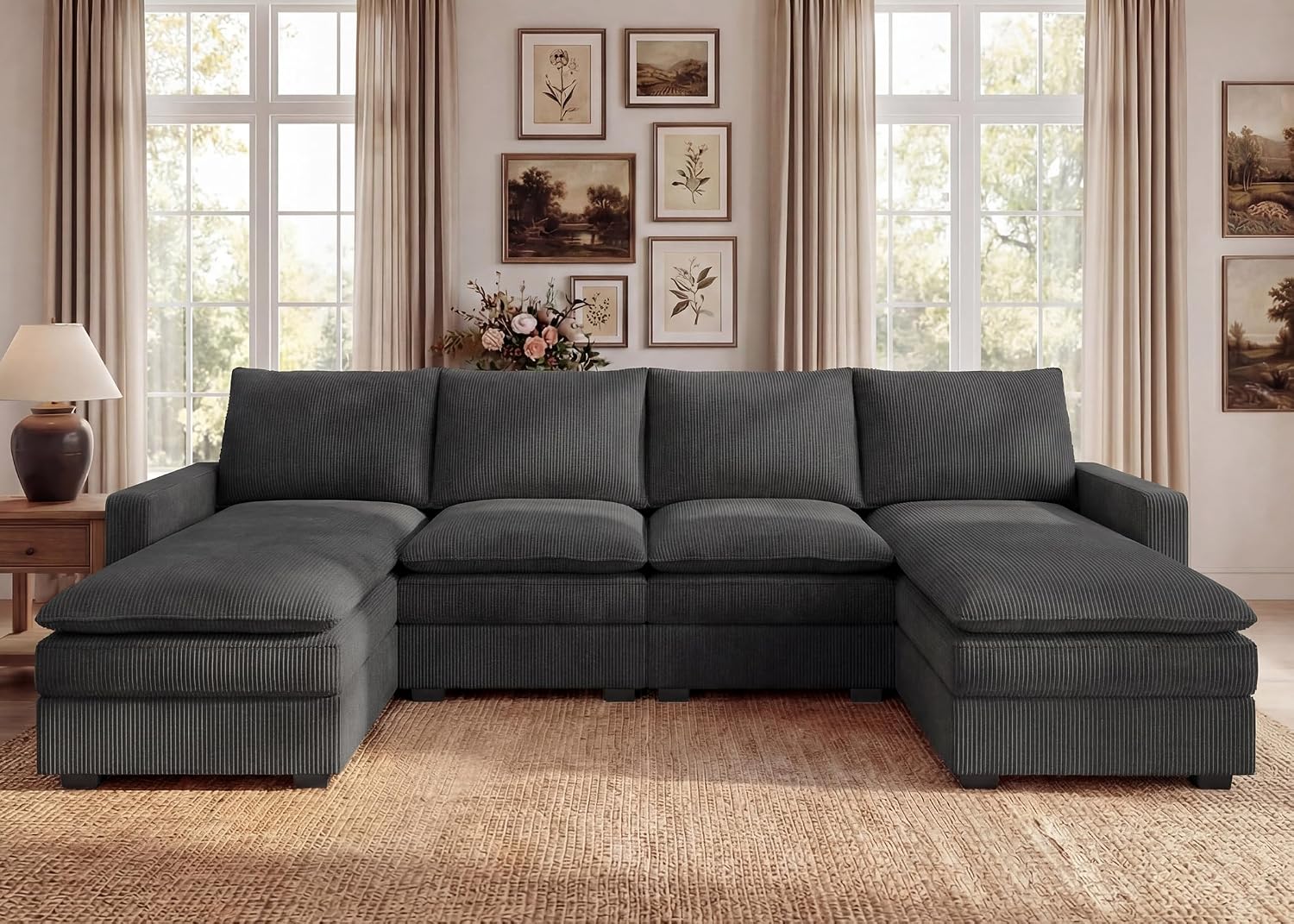 HONBAY 127.2 Inch Corduroy Cloud Modular Sectional Sofa with Chaise, Deep Seat U-Shaped Couch with Storage for Living Room, Apartment, Small Space,Dark Grey