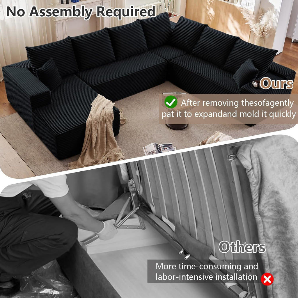 Modern Modular Sectional Sofa, Big Comfy Corduroy Cloud Couch with Deep Seat, Boneless Couch Upholstered 6-Seater U-Shaped Sofa for Living Room, No Assembly Required (Black, Left-Facing Chaise)