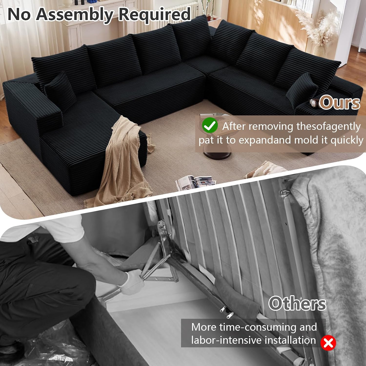Modern Modular Sectional Sofa, Big Comfy Corduroy Cloud Couch with Deep Seat, Boneless Couch Upholstered 6-Seater U-Shaped Sofa for Living Room, No Assembly Required (Black, Left-Facing Chaise)