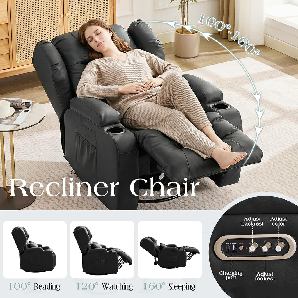 TUNYI Power Recliner Chair - Faux Leather Home Theater Seating Glider Reclining Sofa with Massage & Heat Swivel Rocker Recliner Chair for Living Room with LED Light/USB Port/Lumbar Pillow (Black)