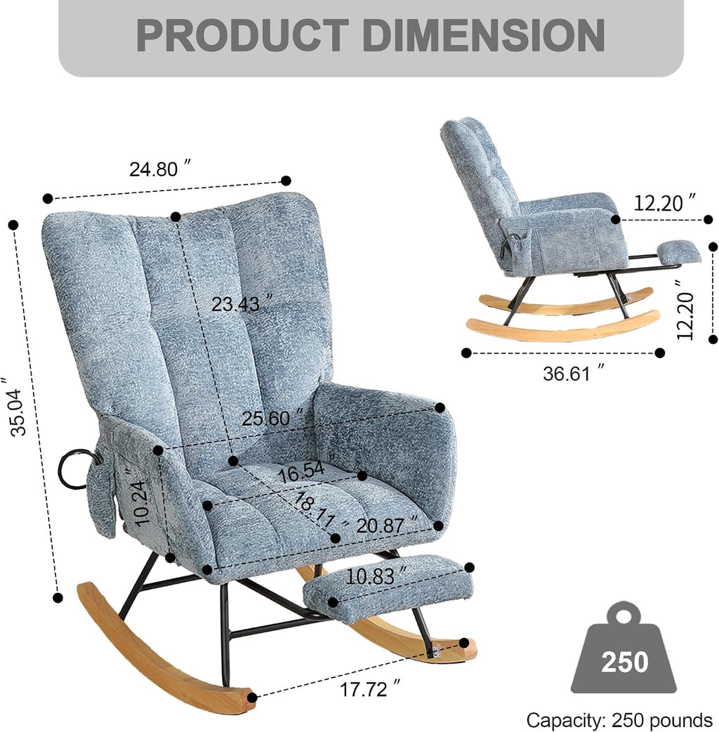 Rocking Chair Nursery with Airbag, Comfy Modern Nursery Rocking Reading Chair Indoor with Footrest, Cozy Upholstered Glider Rocker Chairs for Living Room Bedroom Offices(Chenille, Blue)