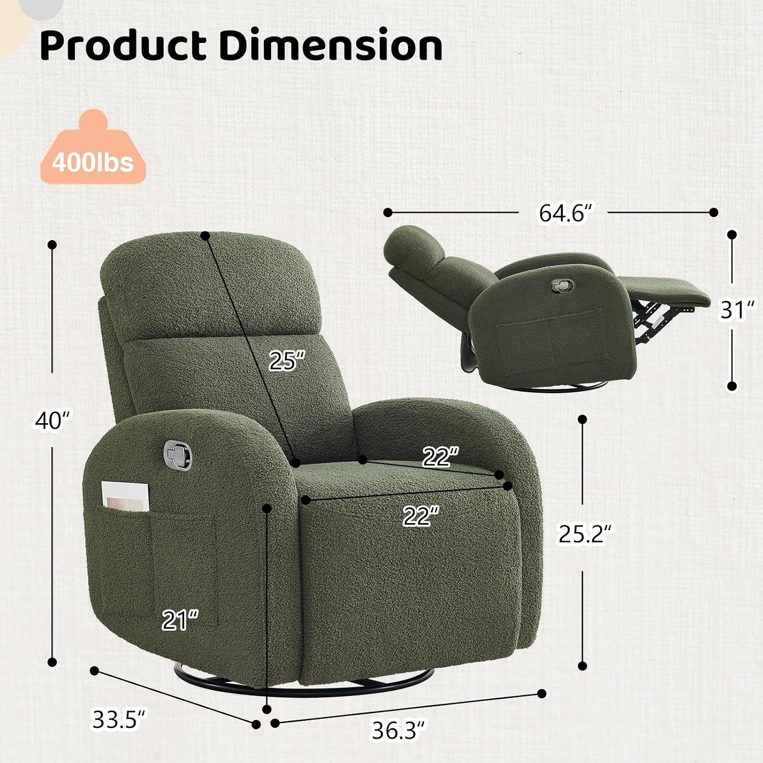 Nursery Glider Recliner, Boucle Nursery Rocking Chair Recliner, Manual Nursery Glider Recliner with Double Pockets and Lumbar Support for Adult, Teddy Green