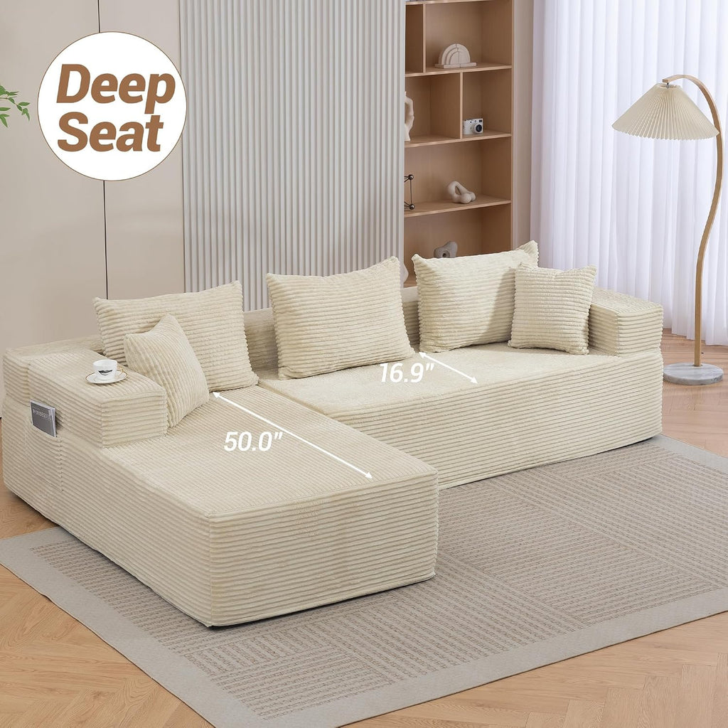 105'' Modular L-Shaped Boneless Sectional, Corduroy Deep Seat Cloud Sectional Couch, Small Space Sofa for Apartment Living Room Bedroom, No Assembly, Beige