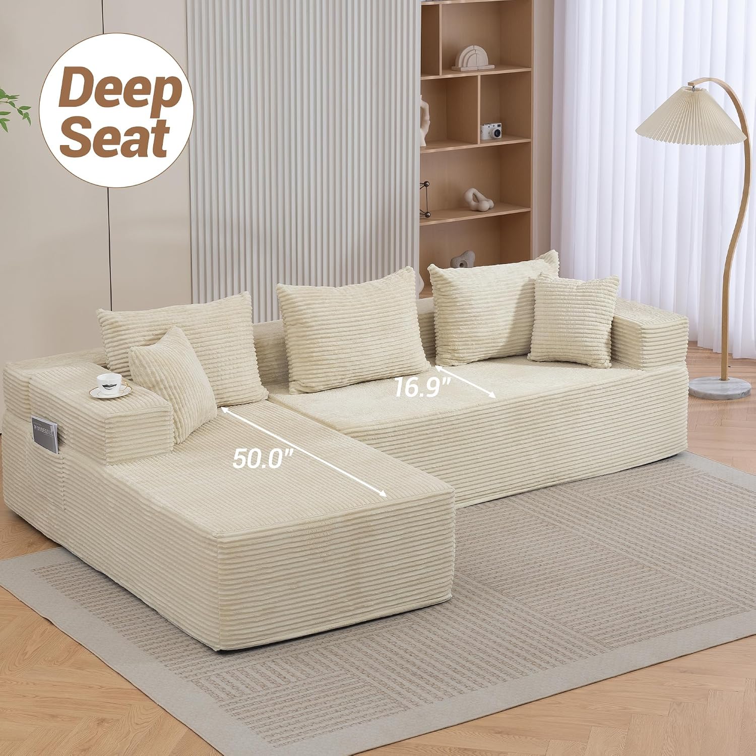 105'' Modular L-Shaped Boneless Sectional, Corduroy Deep Seat Cloud Sectional Couch, Small Space Sofa for Apartment Living Room Bedroom, No Assembly, Beige