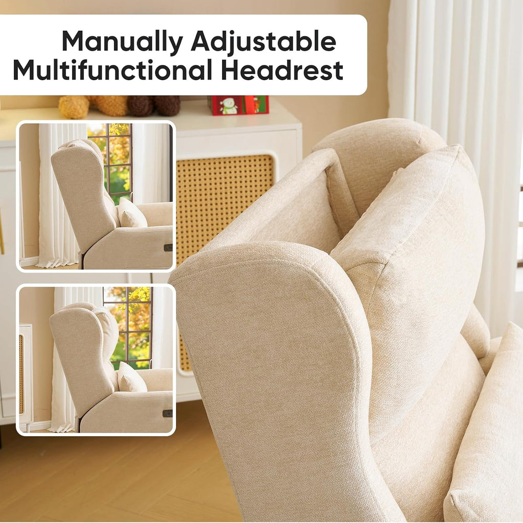 Swivel Rocker Recliner with Overstuffed Lumbar Support,Oversized Rocking Chair Nursery with Adjustable Headrest,Power Recliner Nursery Chair for Living Room,Beige