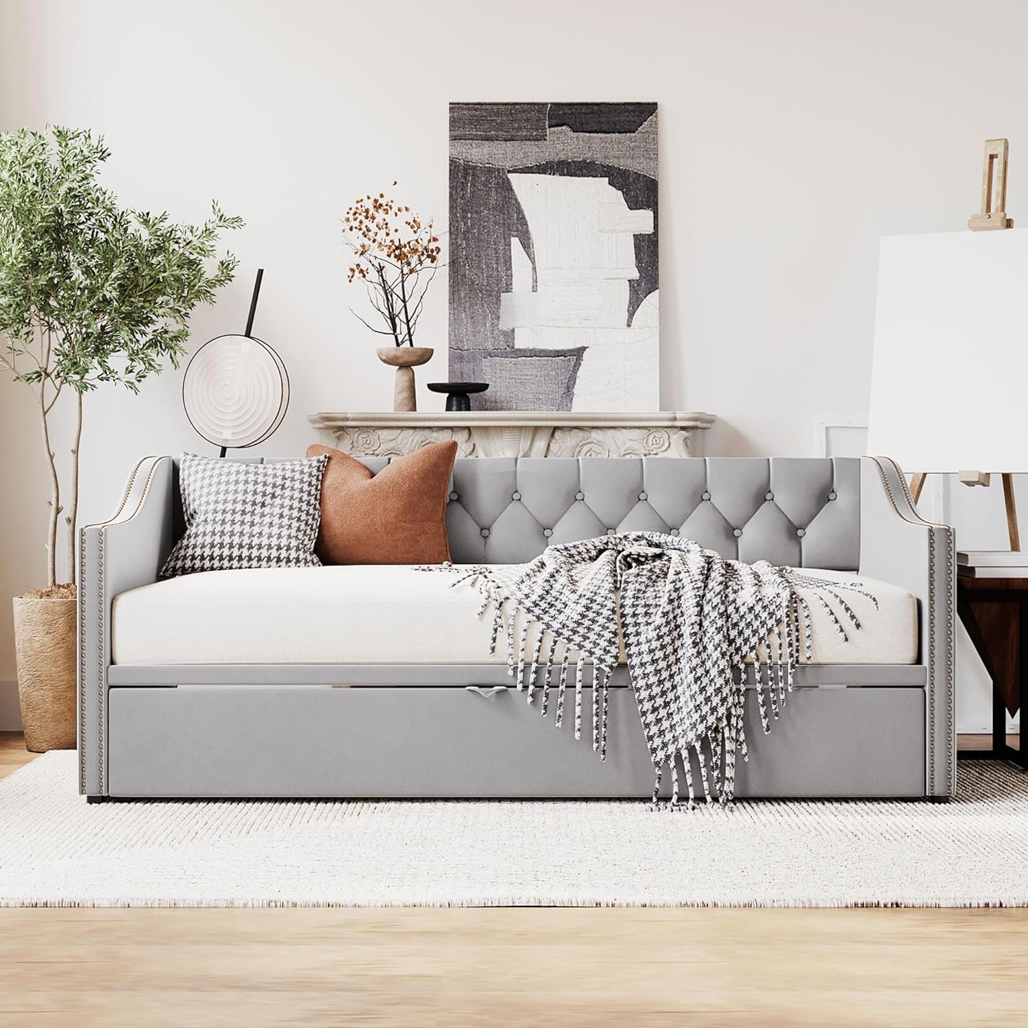 Merax Twin Size Upholstered Velvet Daybed with Pop Up Trundle, Multi-Functional Sofa Bed with Backrest and Two Armrest for Kids Room, Guest Room, Living Room,Gray