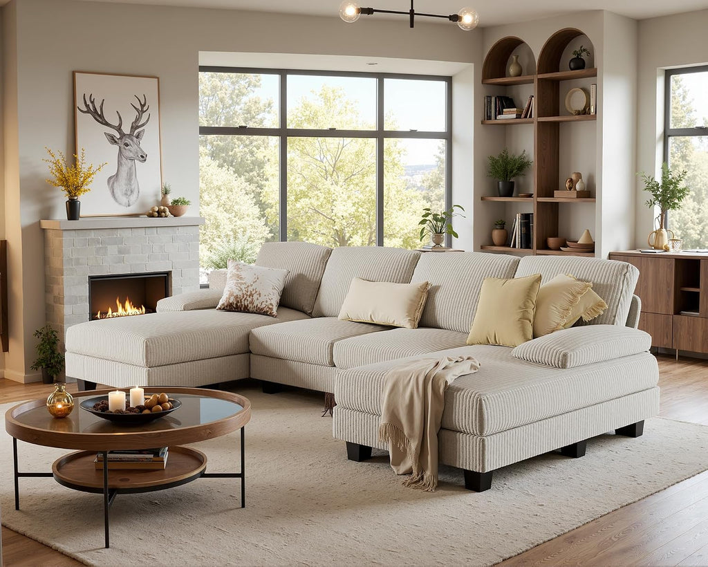 Furniwell Convertible Sectional Sofa Couch, 4 Seat Sofa Set for Living Room U-Shaped Modern Fabric Modular Sofa Sleeper with Double Chaise & Memory Foam (Corduroy, Beige)