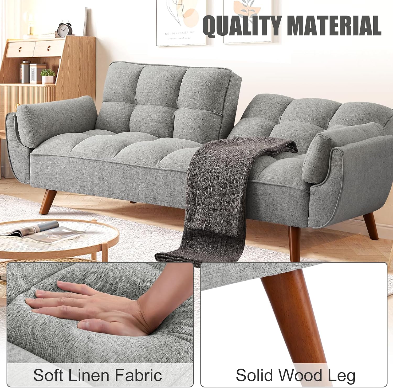 Convertible Futon Sofa Bed, Sleeper Couch Bed with Adjustable Backrests, Linen 3 Seater Small Couches for Small Spaces, Living Room, Bedroom(Gray, 75')