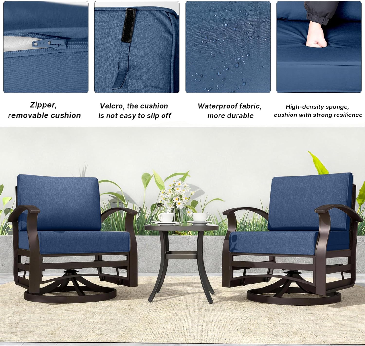 Kurapika 3 Pieces Patio Furniture Set, Outdoor Aluminum Swivel Gliders Rocker, Patio Bistro Set Rocking Chair with Thickened Cushions and Side Table for Porch Garden(Navy Blue)