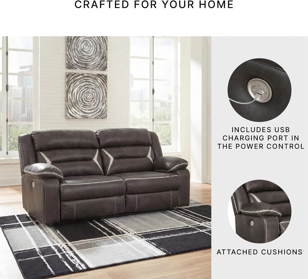 Signature Design by Ashley Kincord Sectional Sofa with Power Recliners, Zero Wall Modern Sectionals in Faux Leather for Living Room Seating, Black Leather