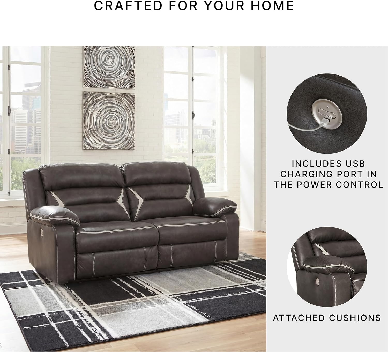 Signature Design by Ashley Kincord Sectional Sofa with Power Recliners, Zero Wall Modern Sectionals in Faux Leather for Living Room Seating, Black Leather